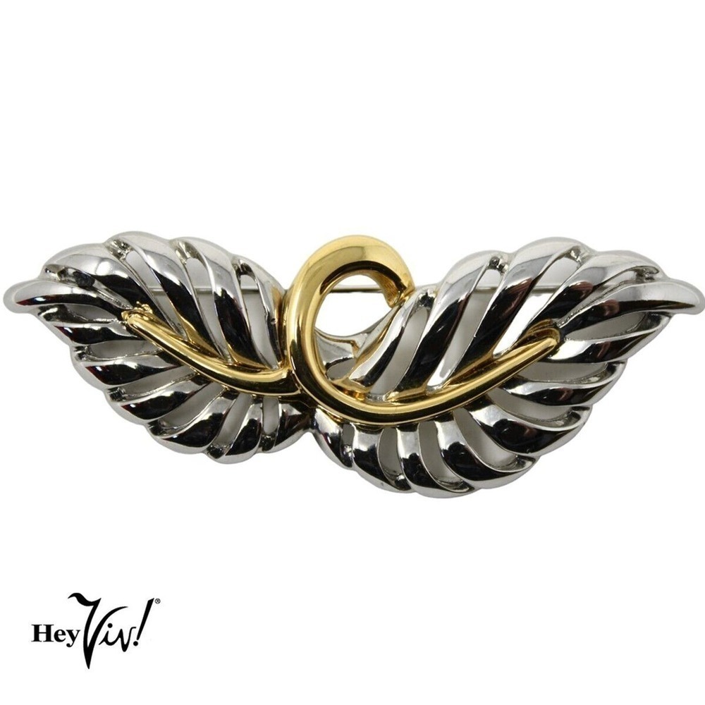 Vintage Signed Daria Two Tone Pin w Graceful Wing Shape 2 3/4" Across - Hey Viv
